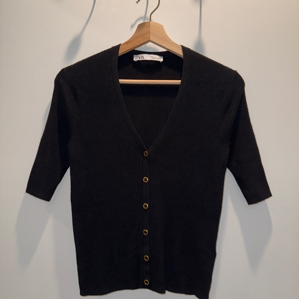 [Zara] Black Button-Up fitted half sleeves Women’s Sweater